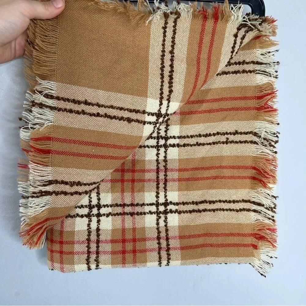 OSCAR DE LA RENTA Vintage Knit Scarf Wrap Tartan Plaid Large Fringe Japan Autumn